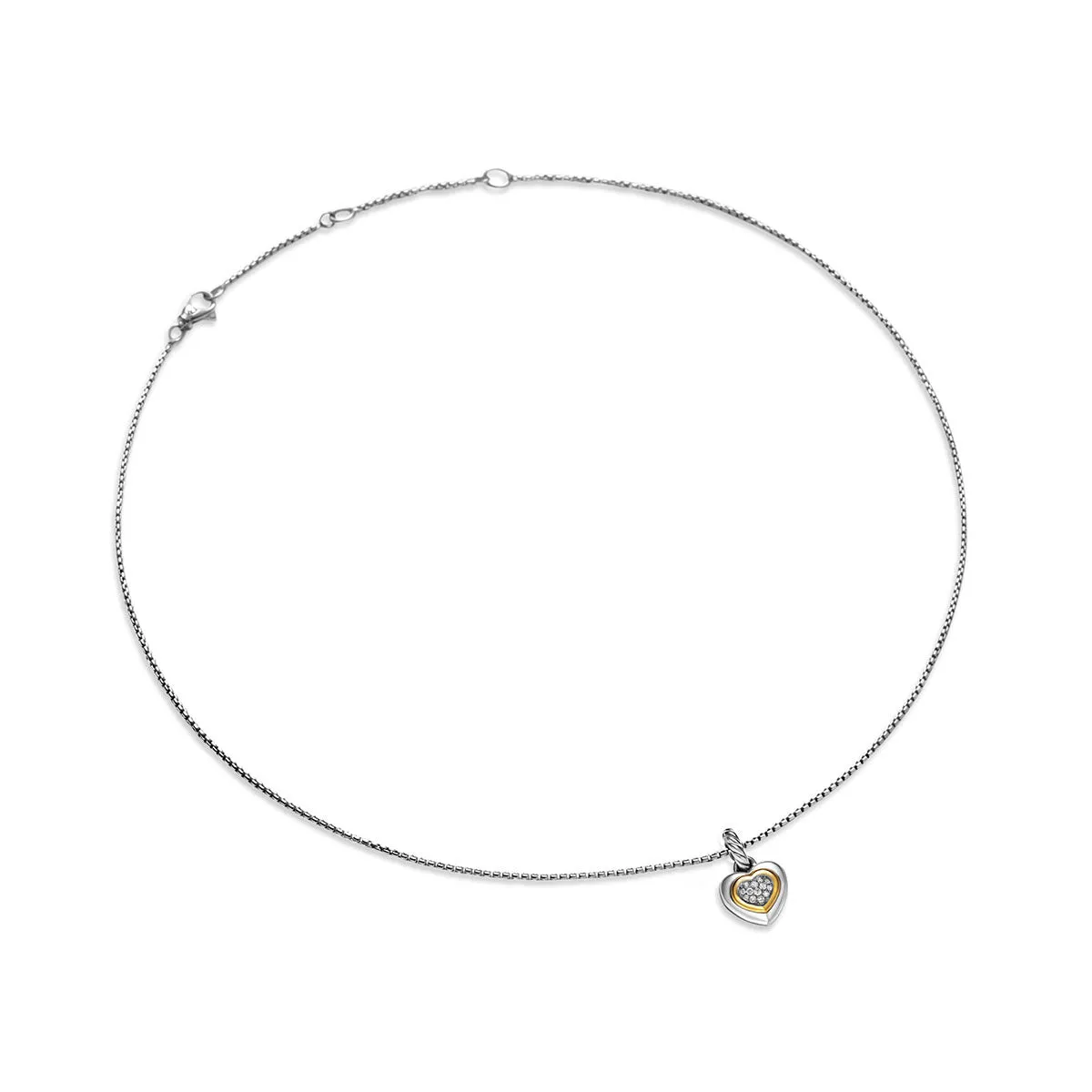 Petite Cable Heart Pendant Necklace in Sterling Silver with 14K Yellow Gold and Diamonds