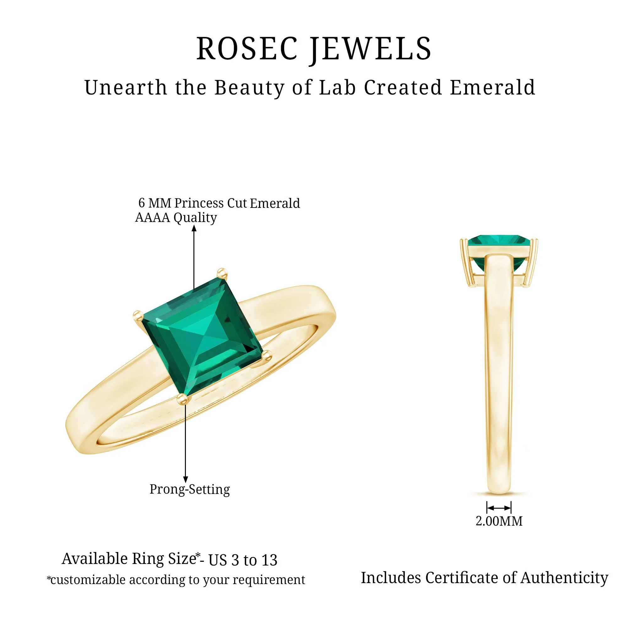 Princess Cut Created Emerald Solitaire Ring in Gold