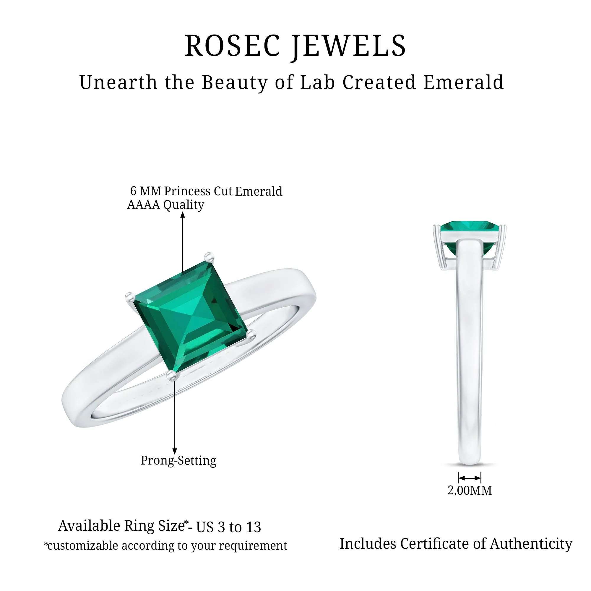 Princess Cut Created Emerald Solitaire Ring in Gold