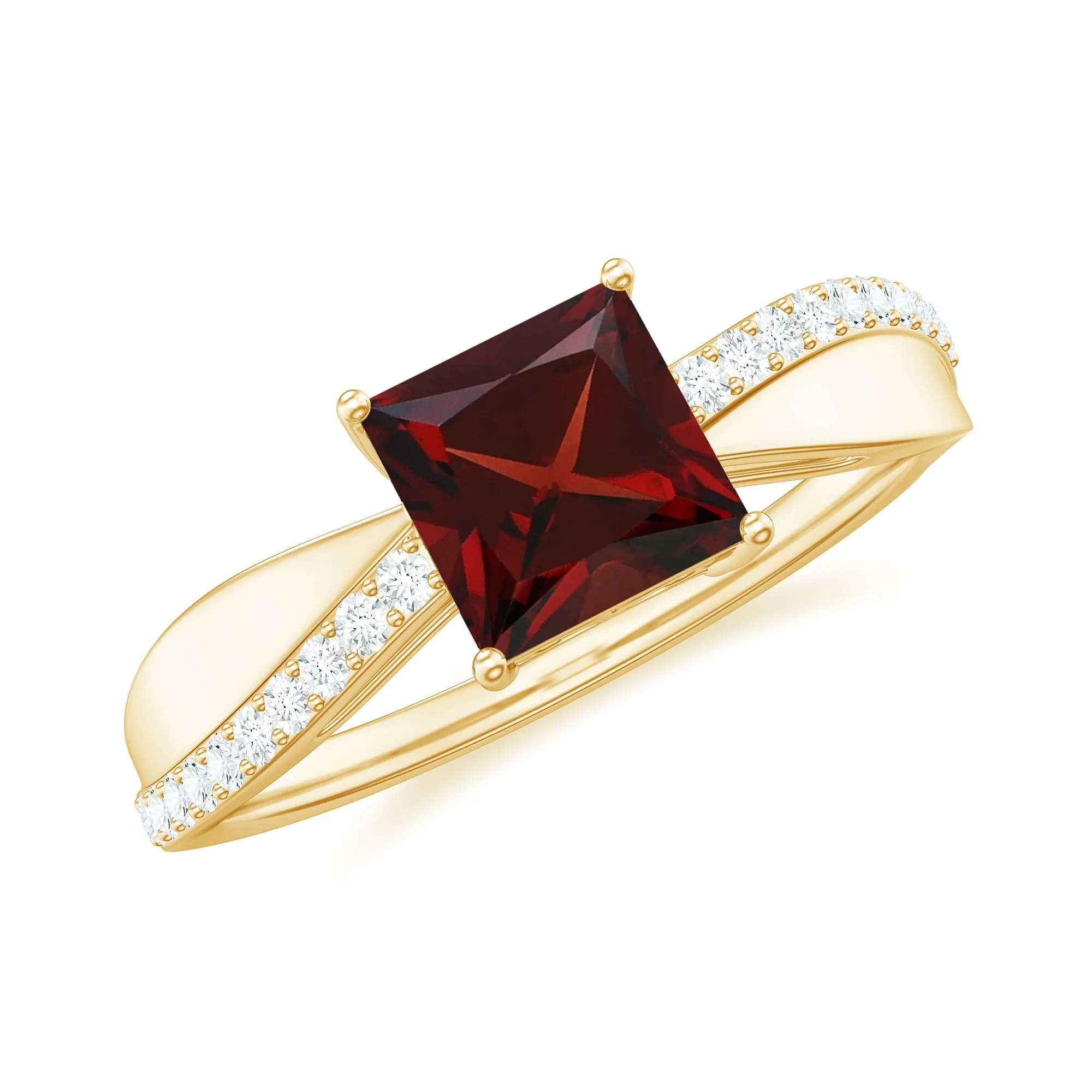 Princess Cut Garnet Solitaire Engagement Ring with Diamond