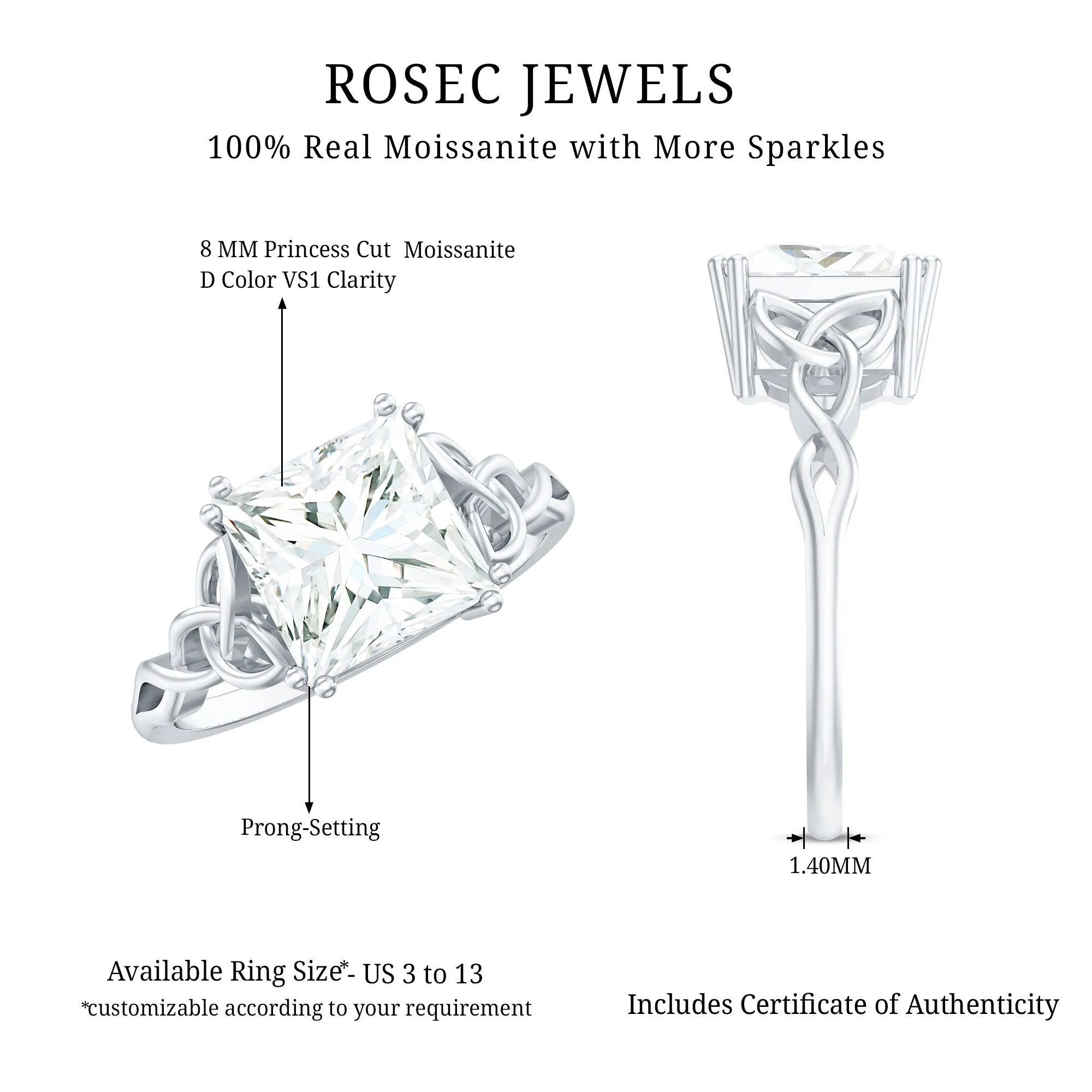 Princess Cut Moissanite Solitaire Celtic Knot Ring