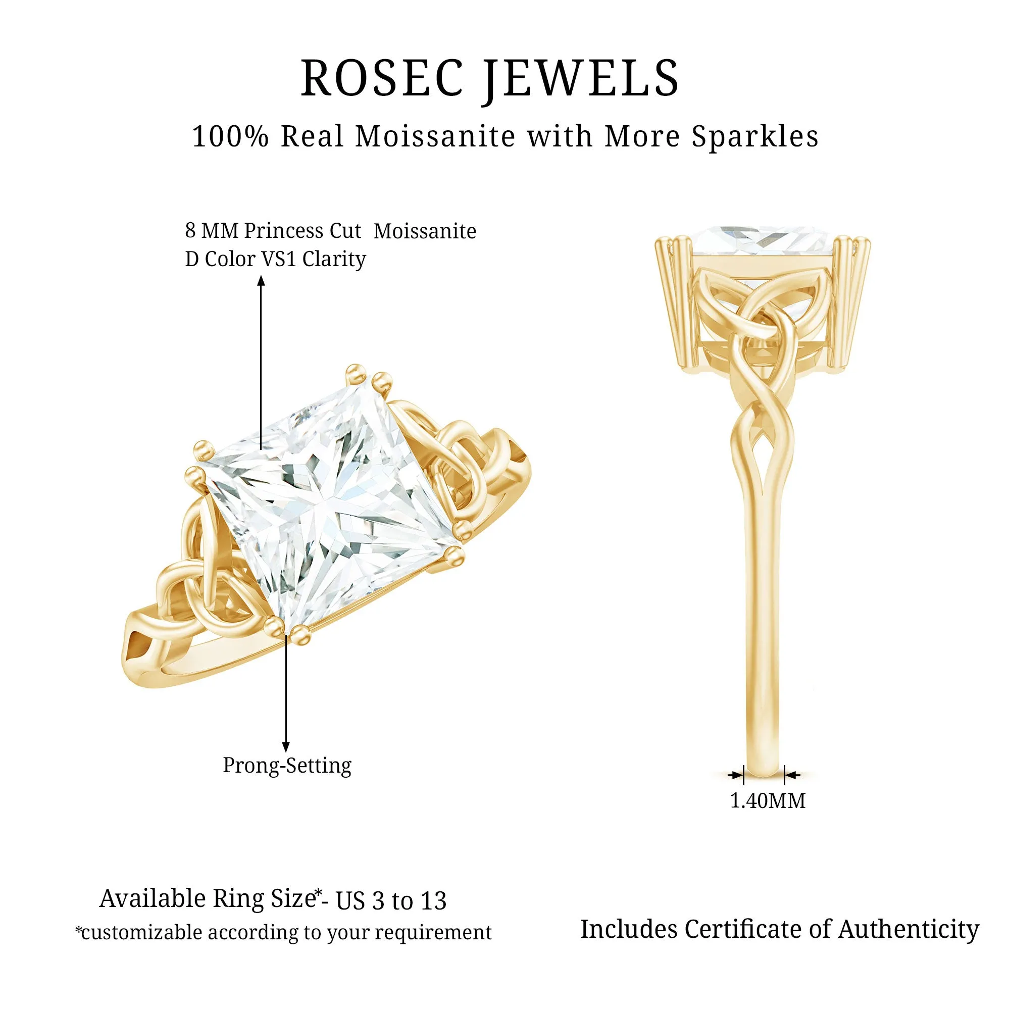 Princess Cut Moissanite Solitaire Celtic Knot Ring