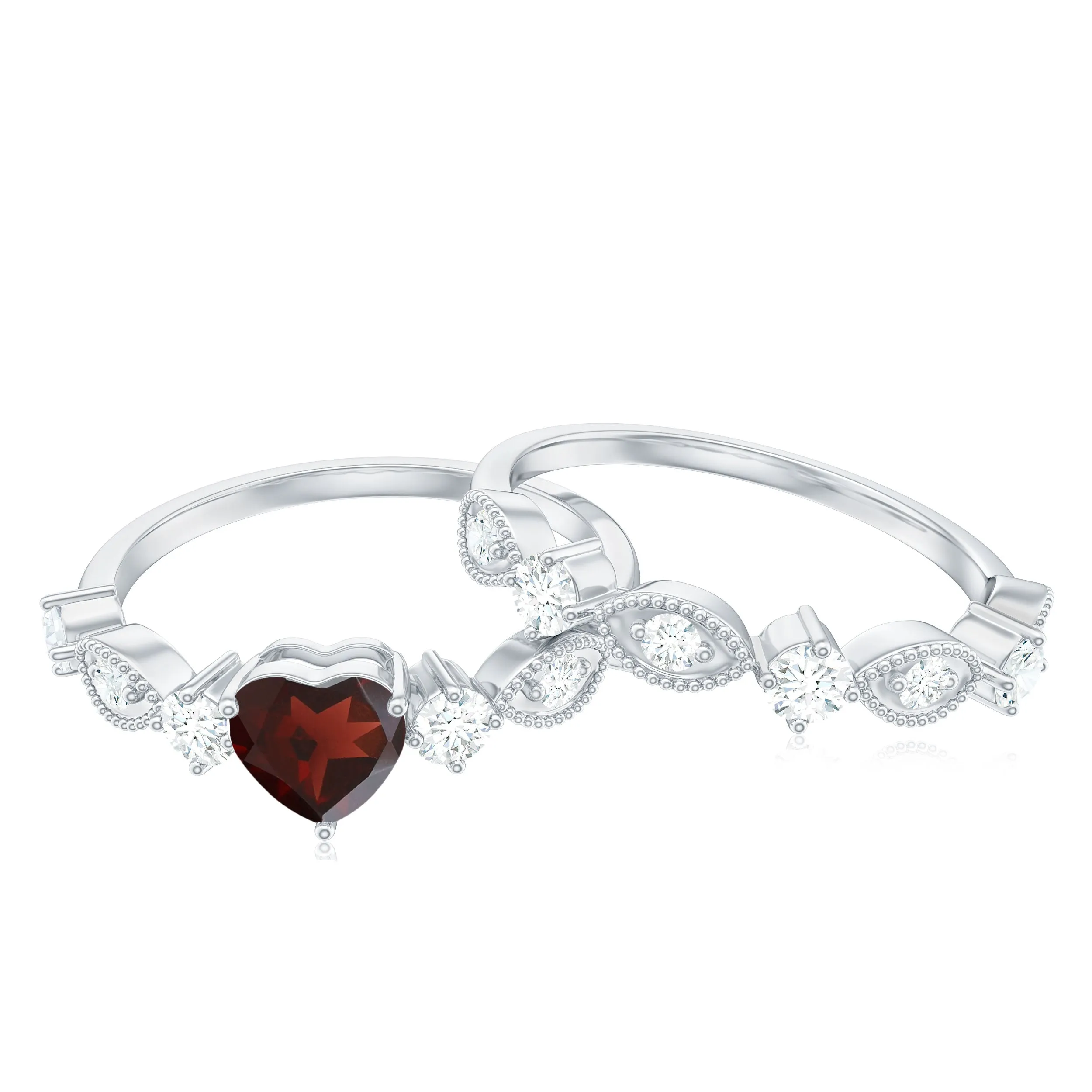Real Garnet Stackable Ring Set with Diamond in Prong Setting
