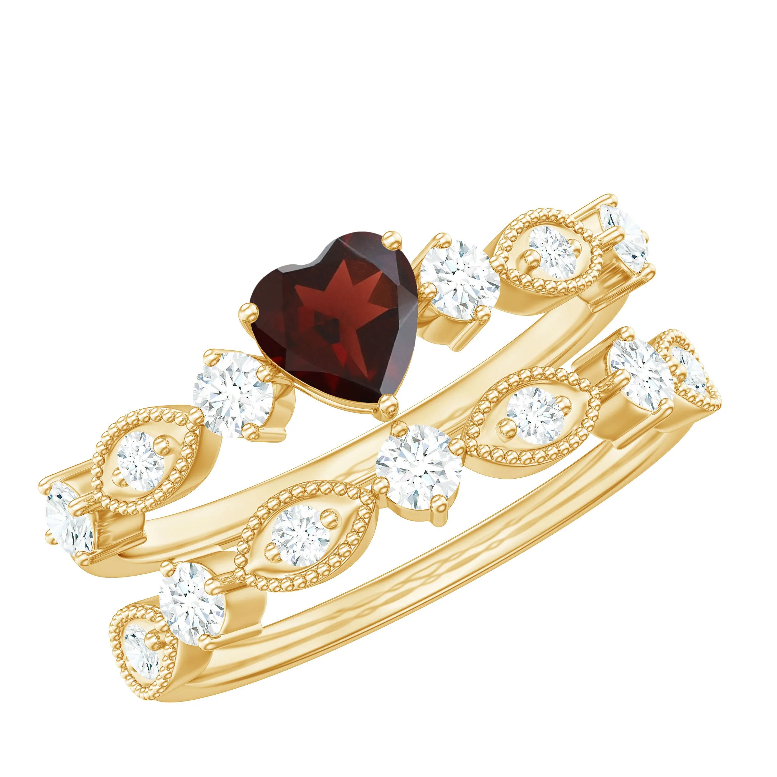Real Garnet Stackable Ring Set with Diamond in Prong Setting