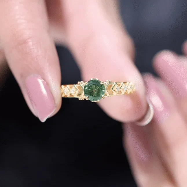 Round Created Green Sapphire Solitaire Art Deco Ring with Diamond