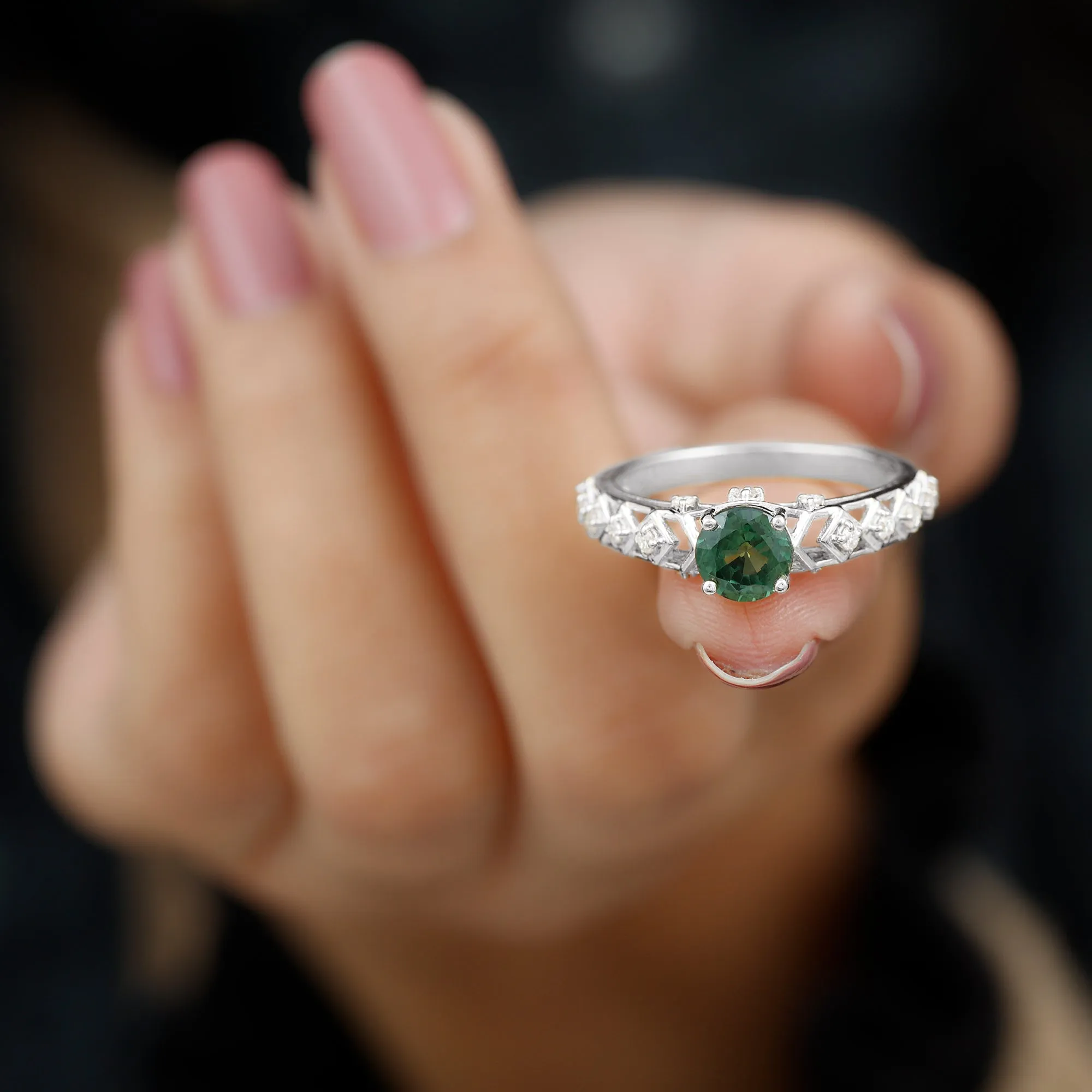 Round Created Green Sapphire Solitaire Art Deco Ring with Diamond