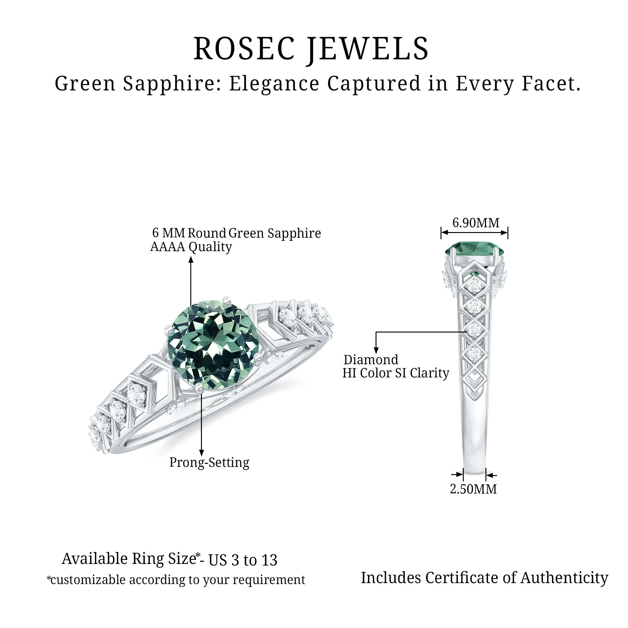 Round Created Green Sapphire Solitaire Art Deco Ring with Diamond