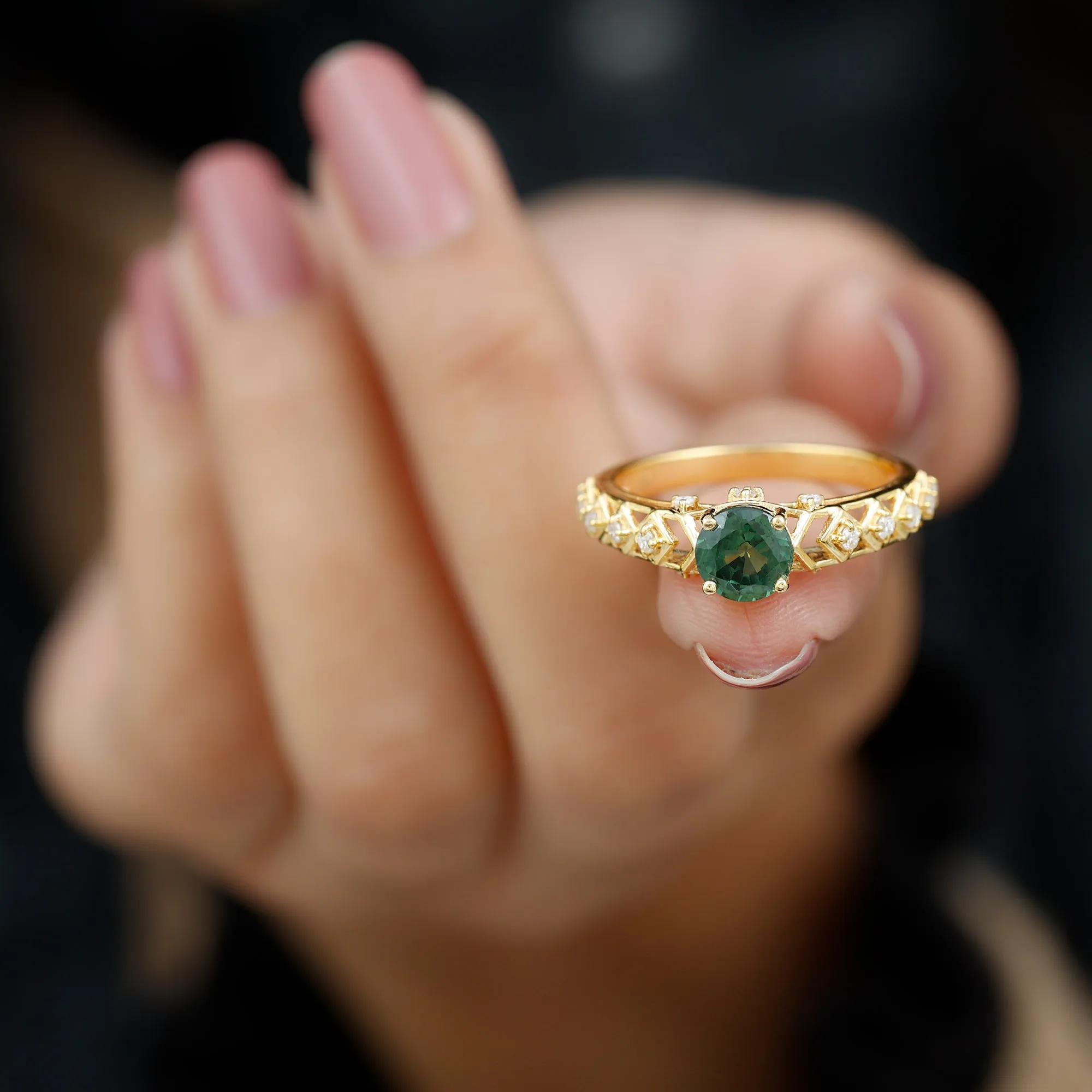 Round Created Green Sapphire Solitaire Art Deco Ring with Diamond