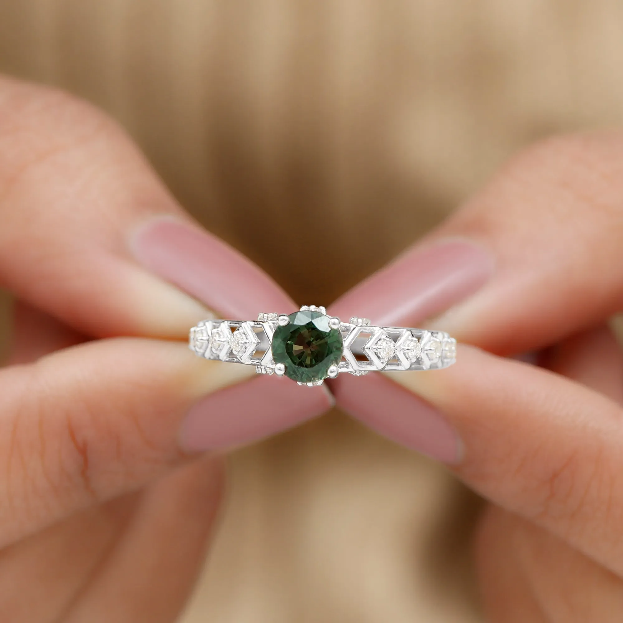 Round Created Green Sapphire Solitaire Art Deco Ring with Diamond