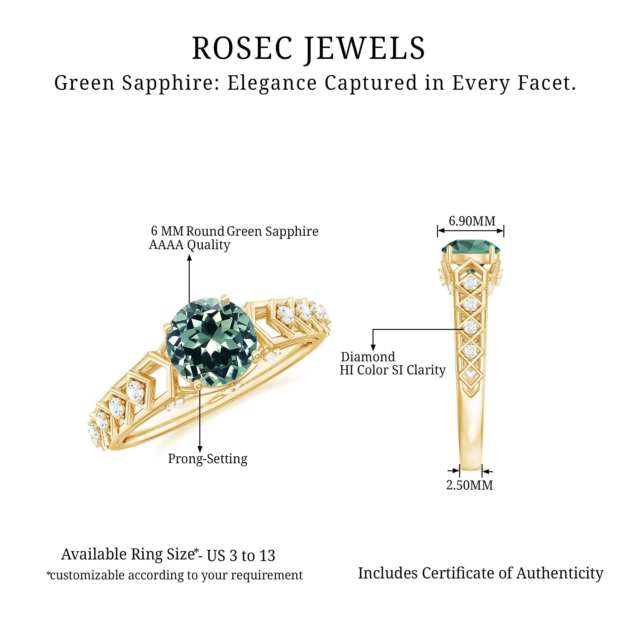 Round Created Green Sapphire Solitaire Art Deco Ring with Diamond