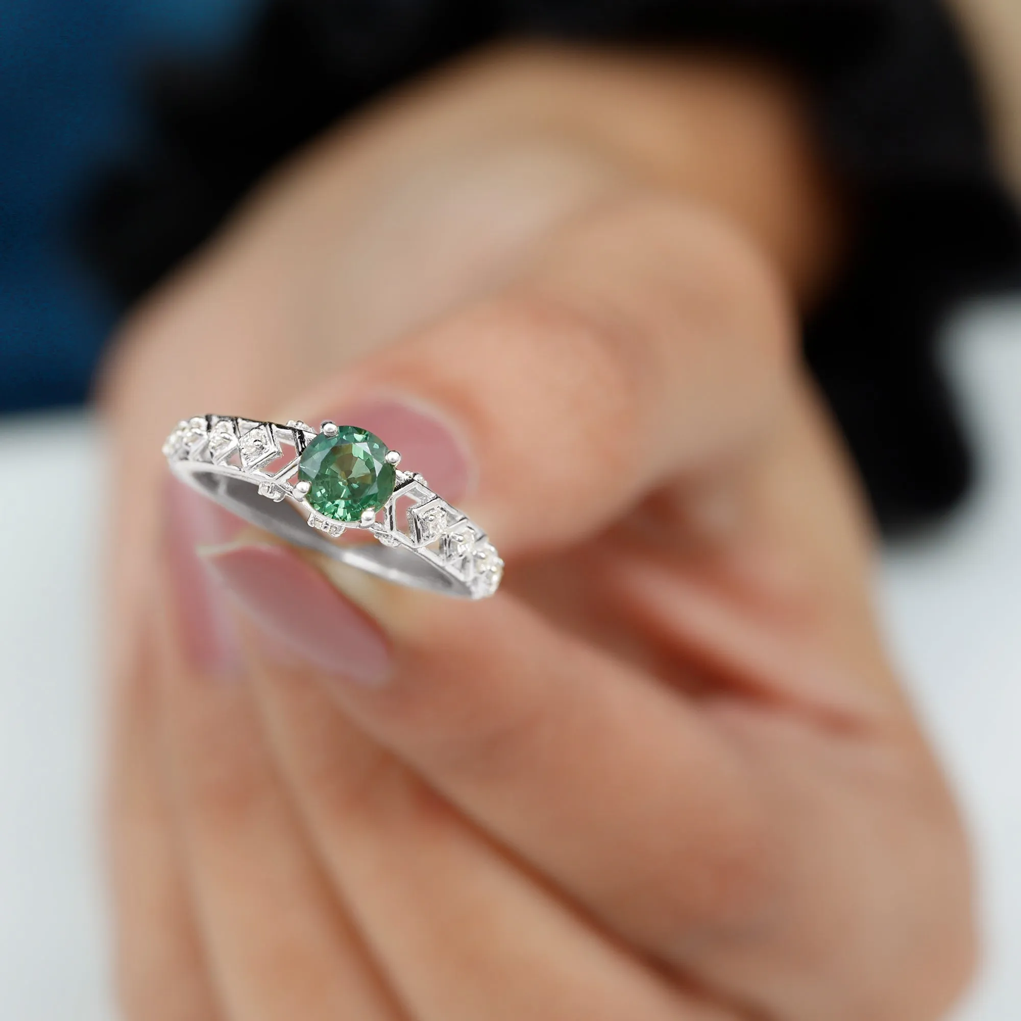 Round Created Green Sapphire Solitaire Art Deco Ring with Diamond