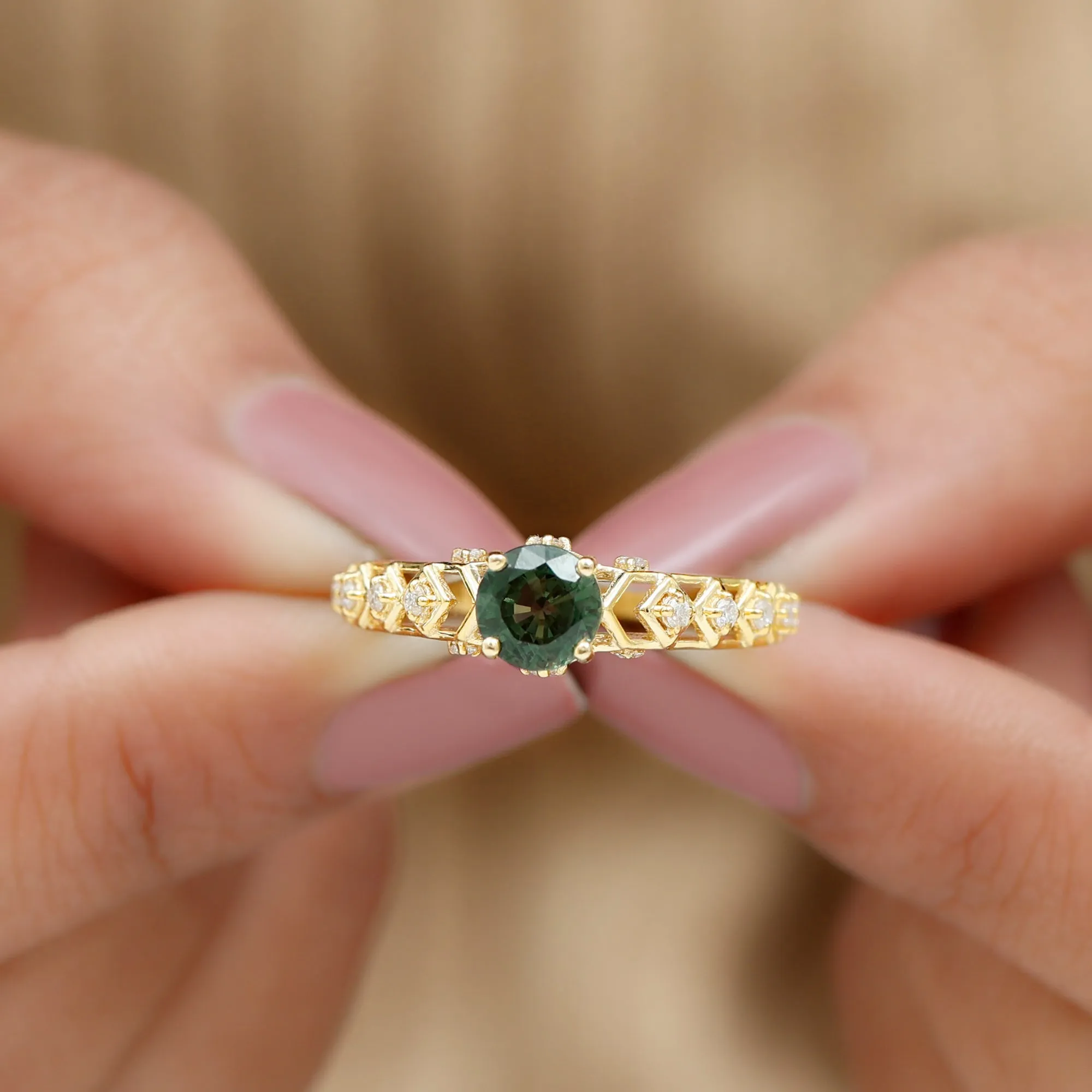 Round Created Green Sapphire Solitaire Art Deco Ring with Diamond