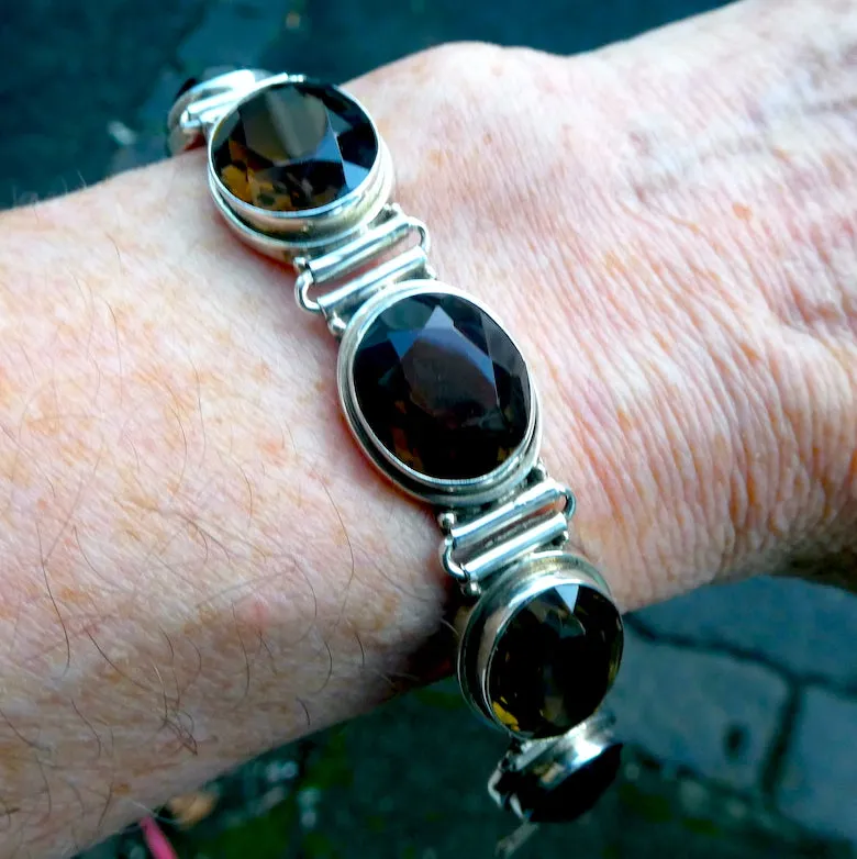 Smoky Quartz Bracelet with Large Faceted Gemstones, 925 Silver