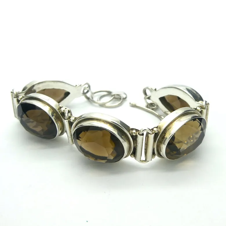 Smoky Quartz Bracelet with Large Faceted Gemstones, 925 Silver