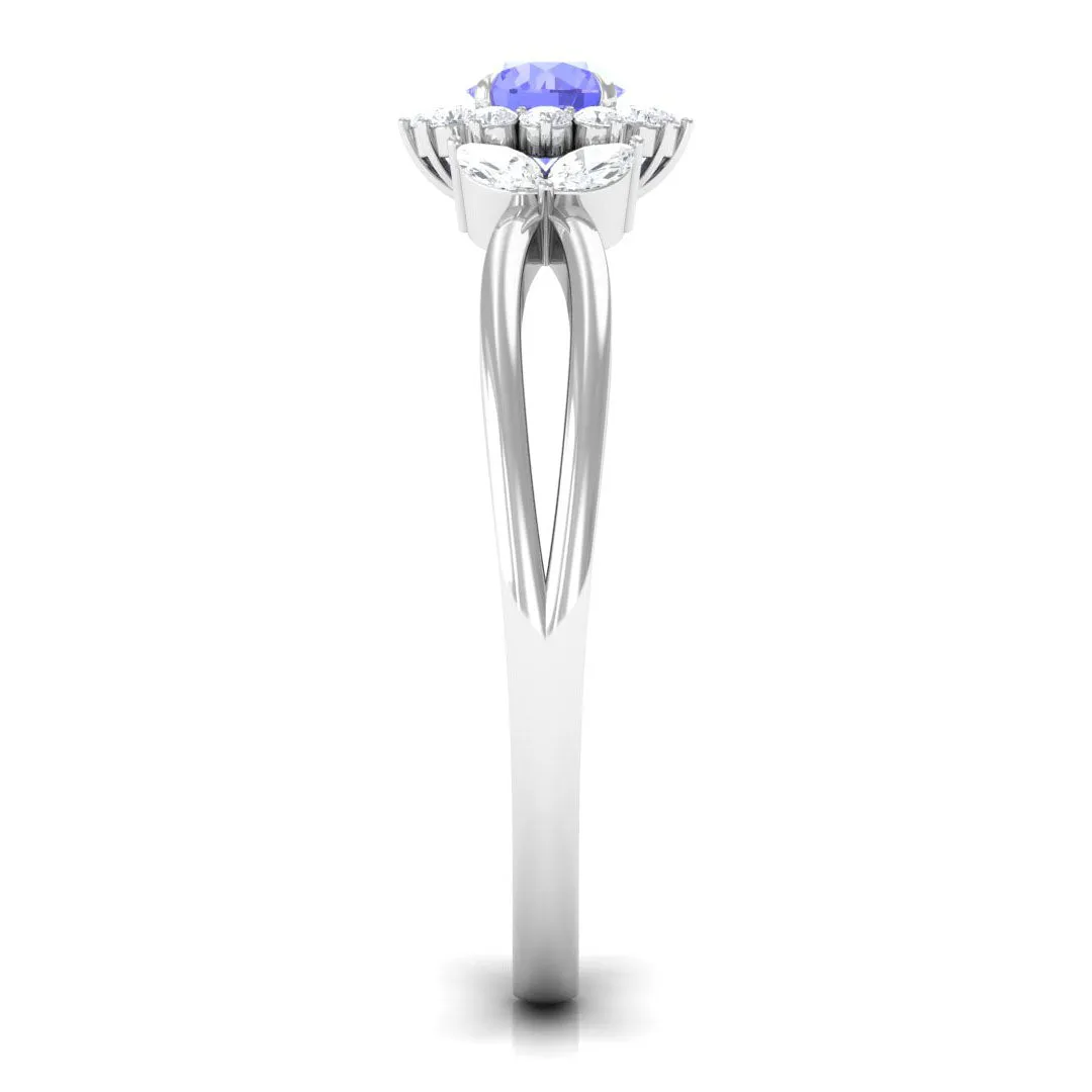 Split Shank Tanzanite Flower Engagement Ring with Diamond