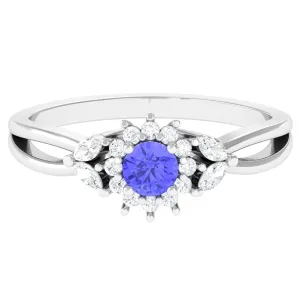 Split Shank Tanzanite Flower Engagement Ring with Diamond