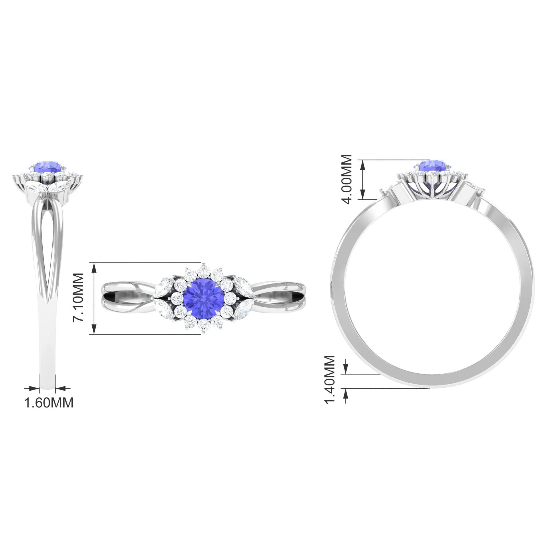 Split Shank Tanzanite Flower Engagement Ring with Diamond