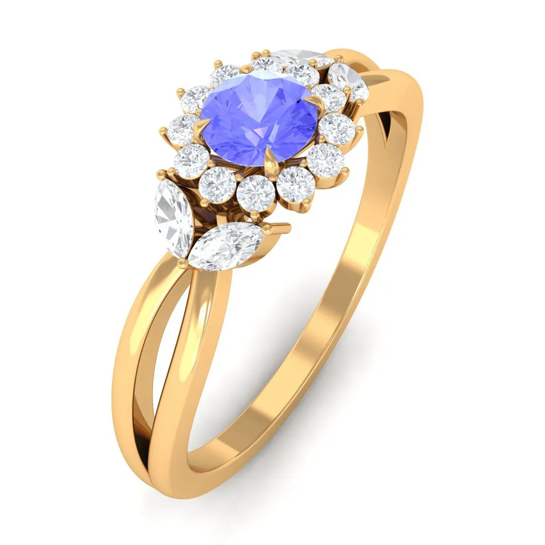 Split Shank Tanzanite Flower Engagement Ring with Diamond