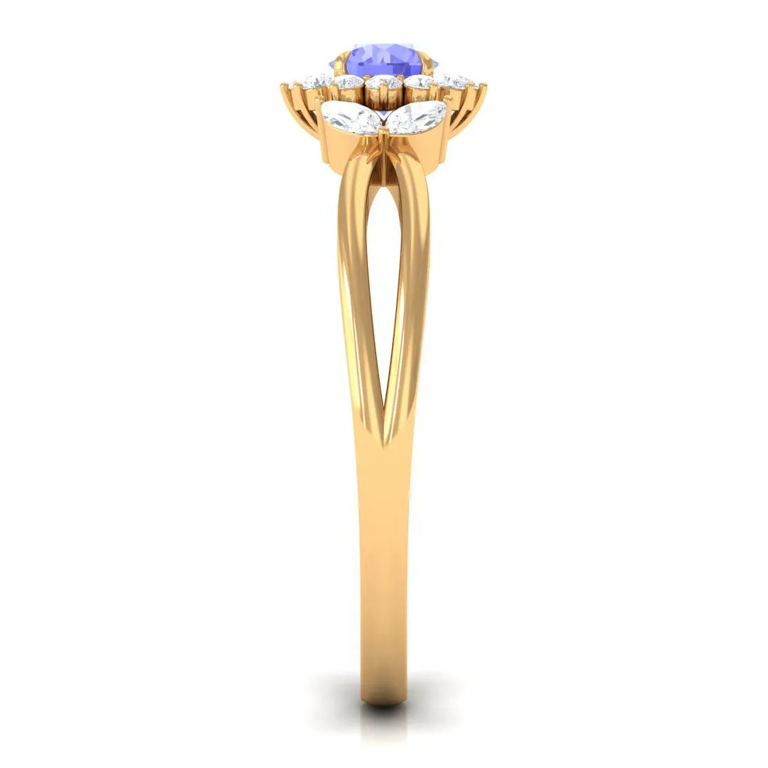 Split Shank Tanzanite Flower Engagement Ring with Diamond