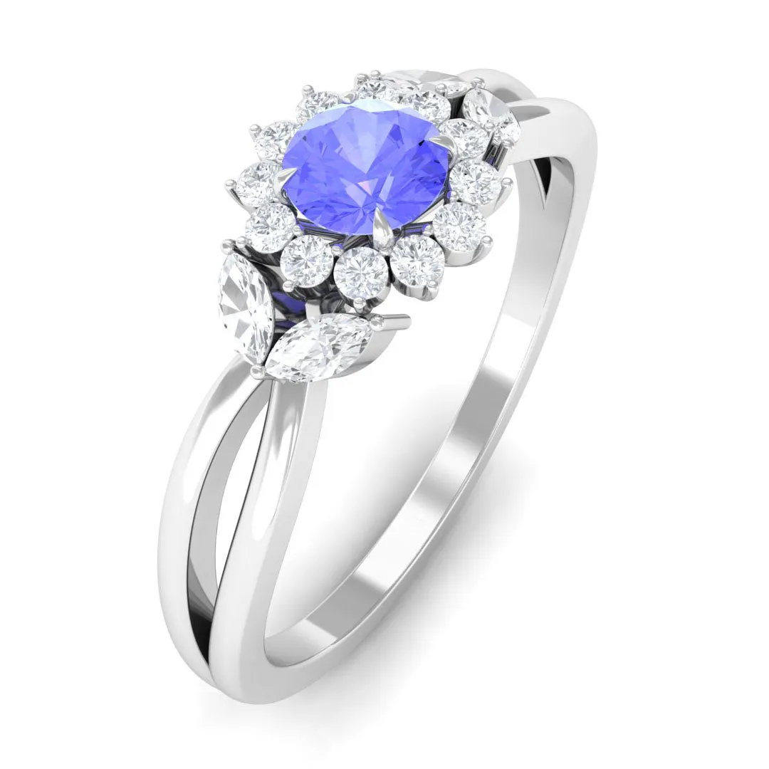 Split Shank Tanzanite Flower Engagement Ring with Diamond