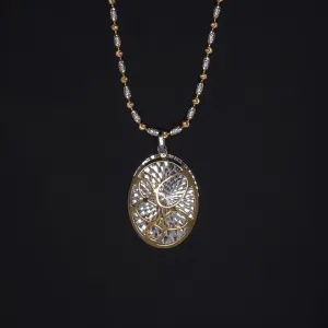 UNIQUE ESTATE 18k TRI TONE GOLD NECKLACE YELLOW ROSE WHITE PENDANT BEADED CHAIN