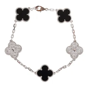 Van Cleef & Arpels Vintage Alhambra 5 Motif Bracelet Onyx 18K White Gold & Diamonds