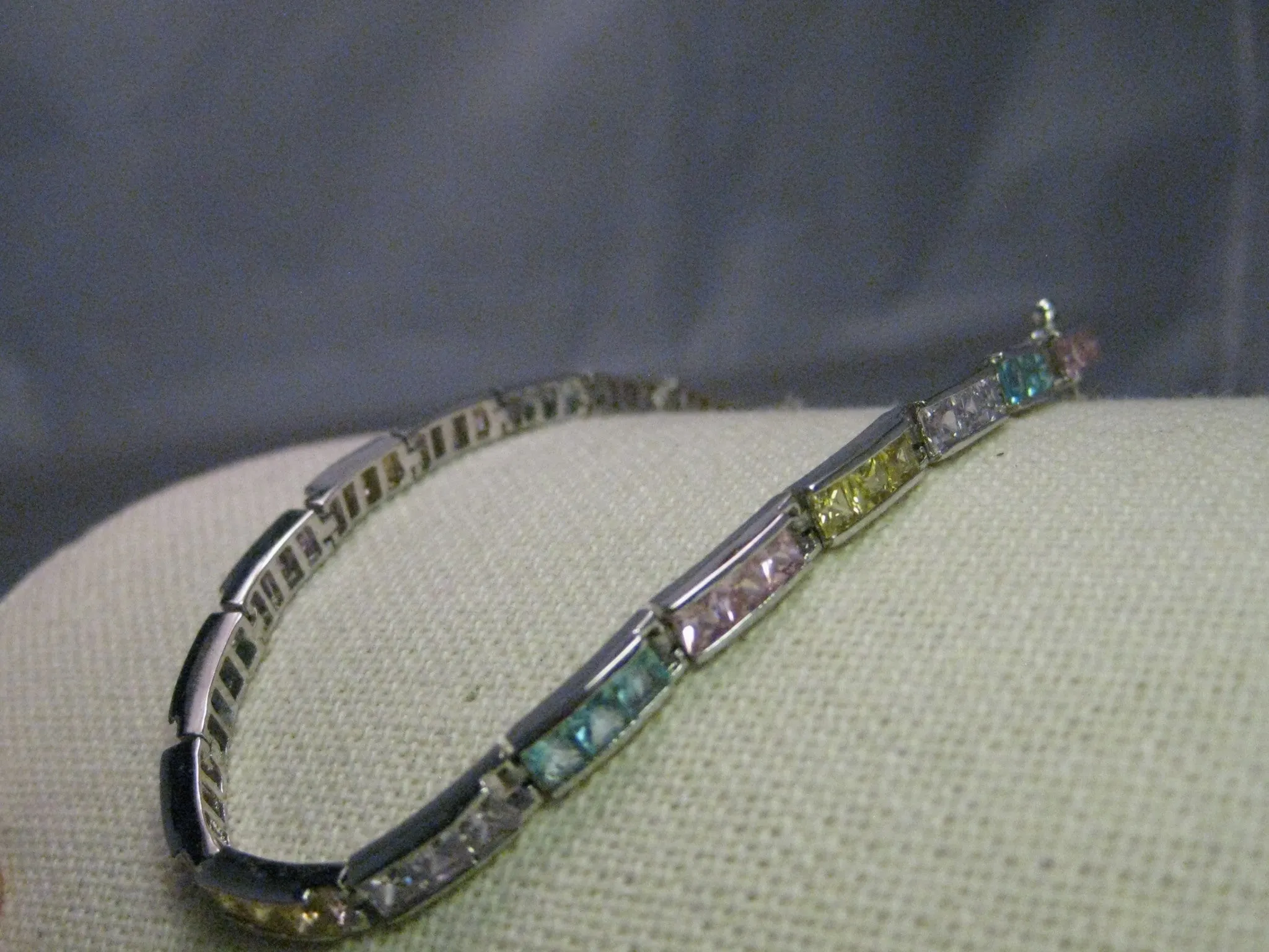 Vintage but Current Sterling Silver Tennis Bracelet, Pastel & Clear Stones, 7.75", signed F.A.S.