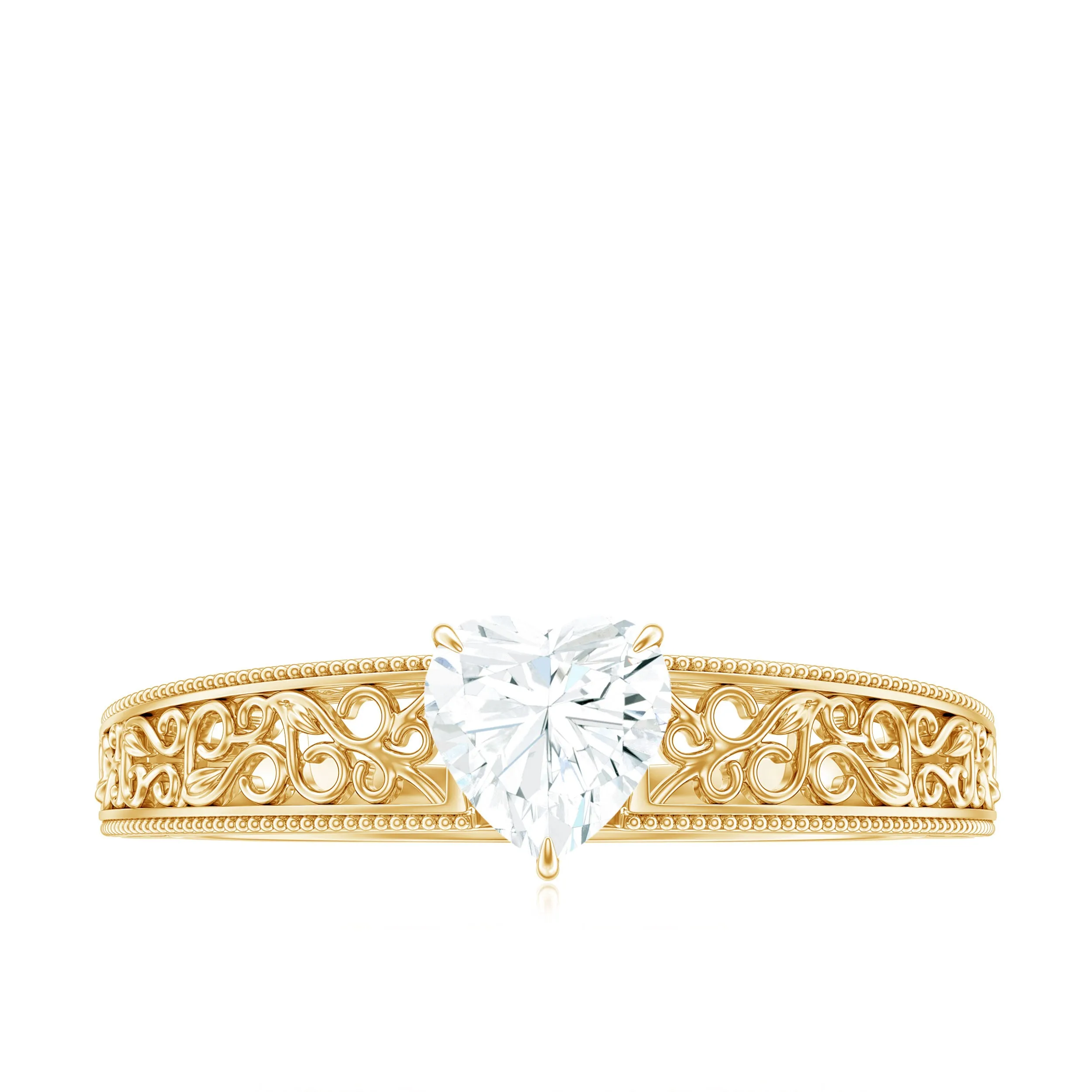 Vintage Inspired Heart Shape Lab Grown Diamond Solitaire Filigree Ring