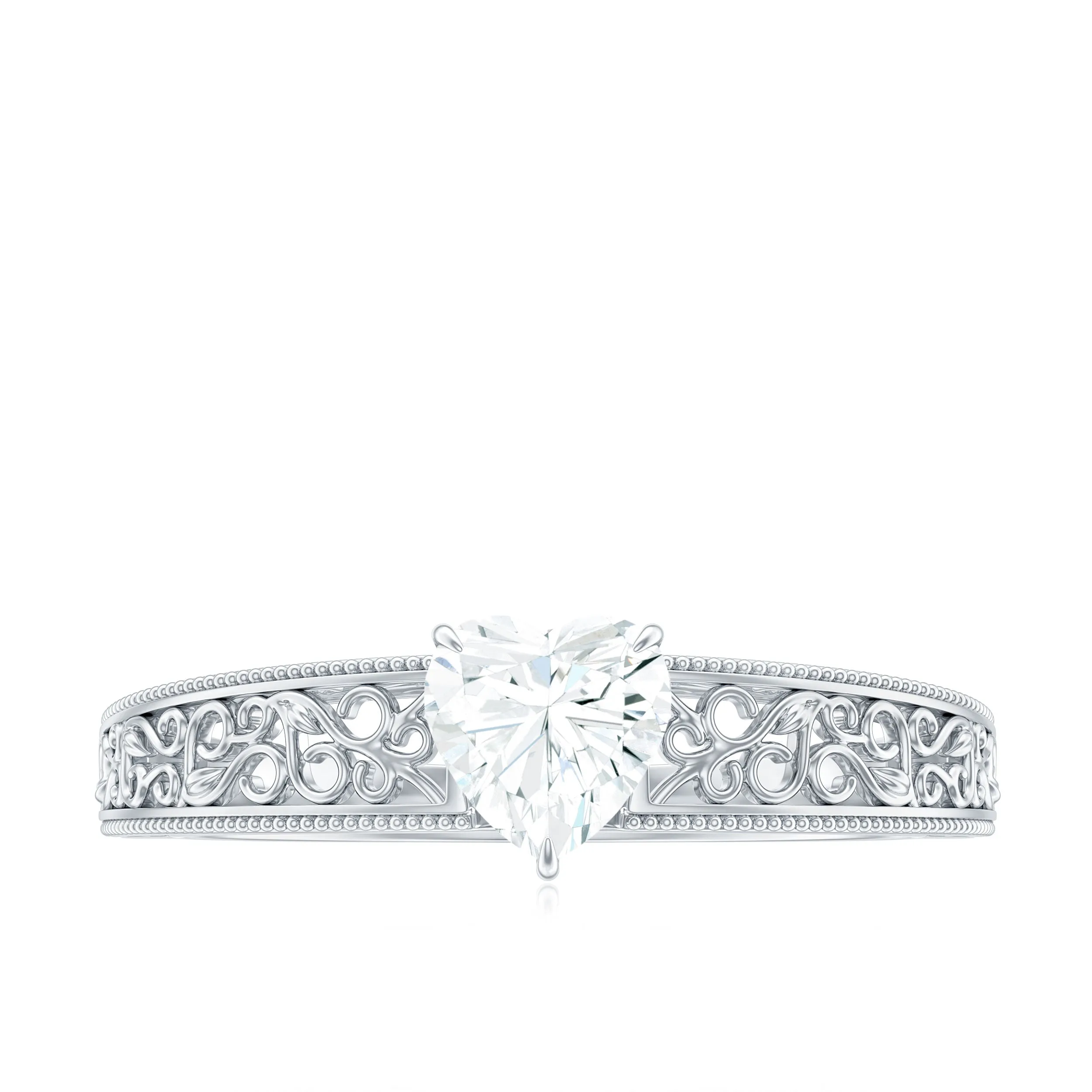 Vintage Inspired Heart Shape Lab Grown Diamond Solitaire Filigree Ring